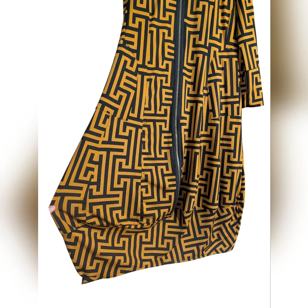 Avant Garde Geometric Print Bubble Hem Dress Zip Front Artwear Mustard Black M - Picture 6 of 9